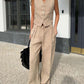 Classic V-neck Pleated Cotton and Linen Wide-leg Pants Suit