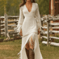 Retro White Lace V-neck Long Sleeve Tassel Short Front And Long Back Skirt Maxi Dress - Samberule