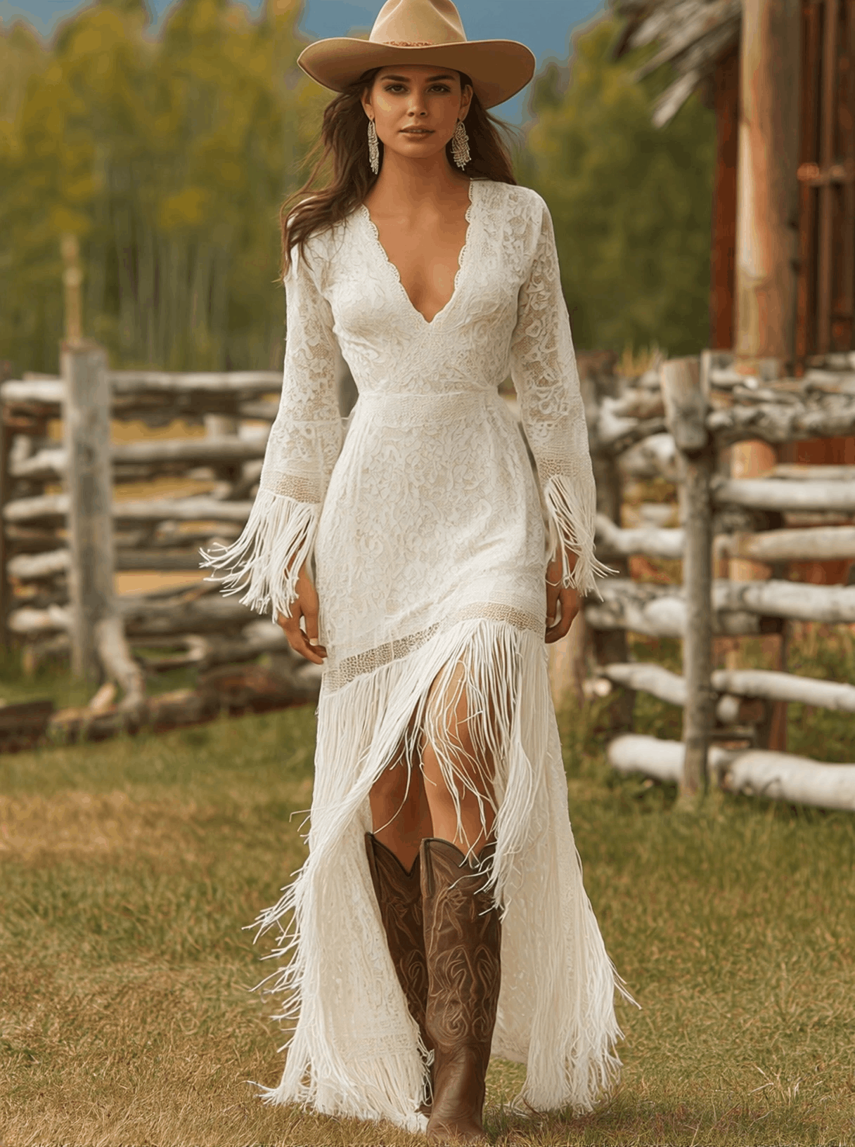 Retro White Lace V-neck Long Sleeve Tassel Short Front And Long Back Skirt Maxi Dress - Samberule