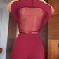 Burgundy patchwork sheer mesh top and trousers set