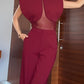 Burgundy patchwork sheer mesh top and trousers set