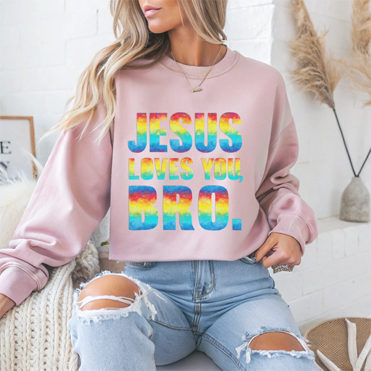 Colorful Jesus Loves You Bro Faith Crewneck Sweatshirt