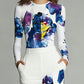Color-blocked partial print crew neck top and trousers set