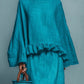 Blue Ruffled Blouse And Straight Skirt Suit