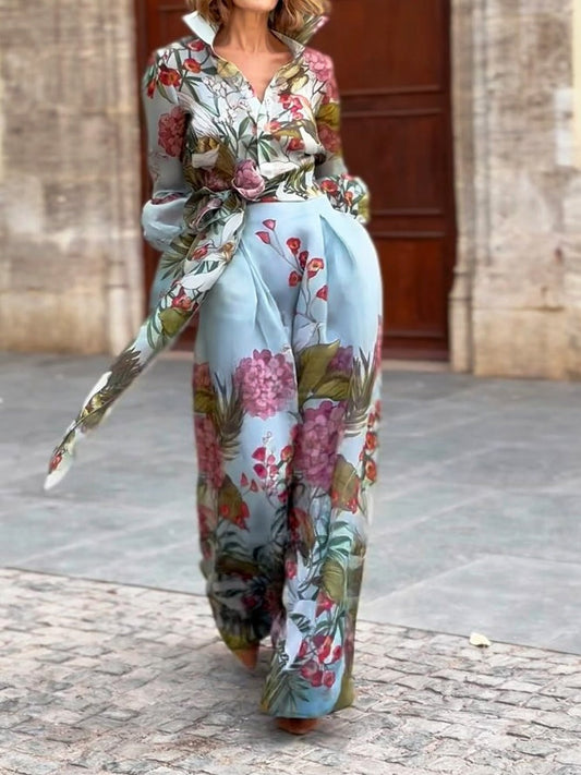 Elegant Floral Print Shirt and Skirt Two-piece Set - Samberule