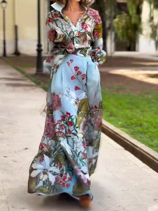 Elegant Floral Print Shirt and Skirt Two-piece Set - Samberule