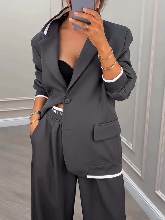 Gray Patchwork Dingle-breasted Blazer+Pants Two-piece Set