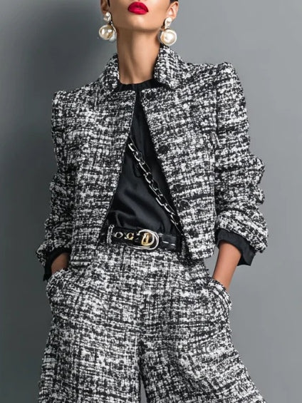 Tweed Blend Single-Breasted Cropped Jacket And Wide-Leg Pants Set - Samberule