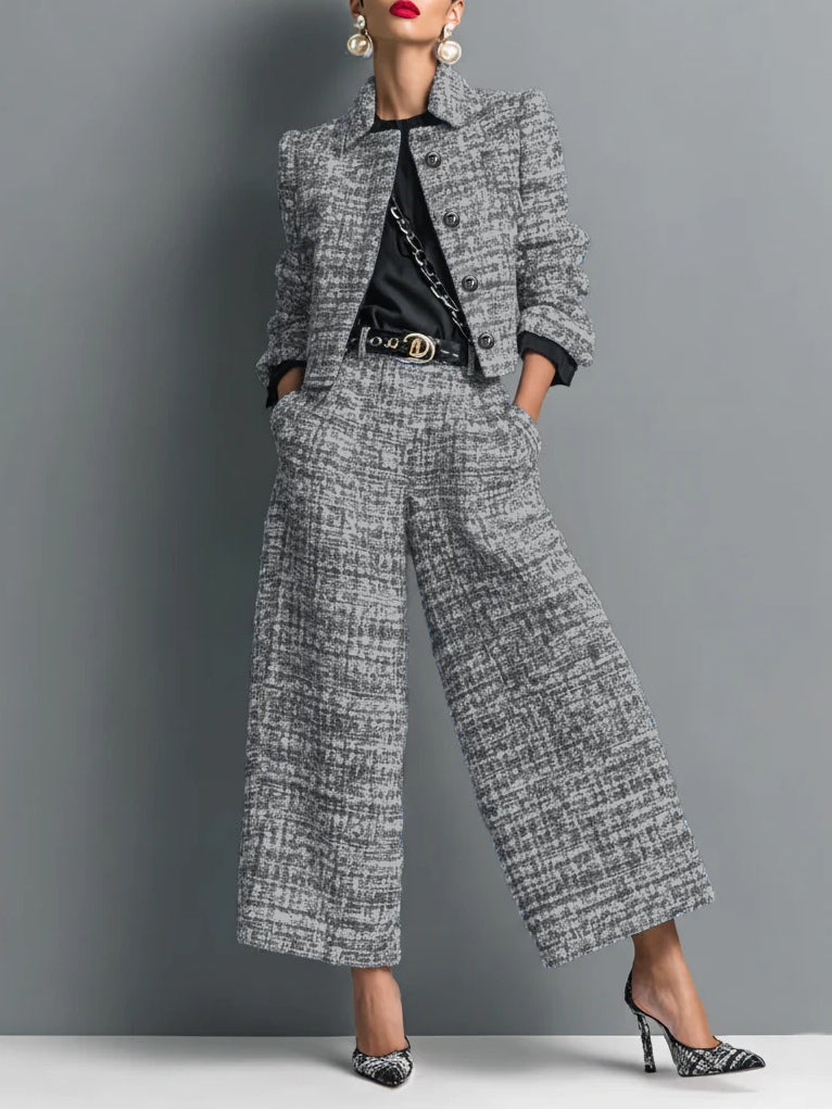 Tweed Blend Single-Breasted Cropped Jacket And Wide-Leg Pants Set - Samberule