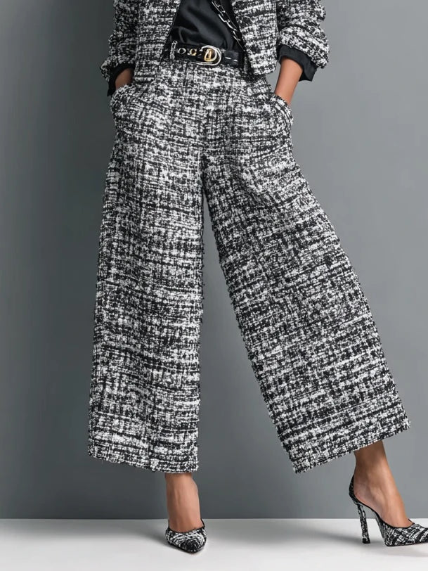 Tweed Blend Single-Breasted Cropped Jacket And Wide-Leg Pants Set - Samberule