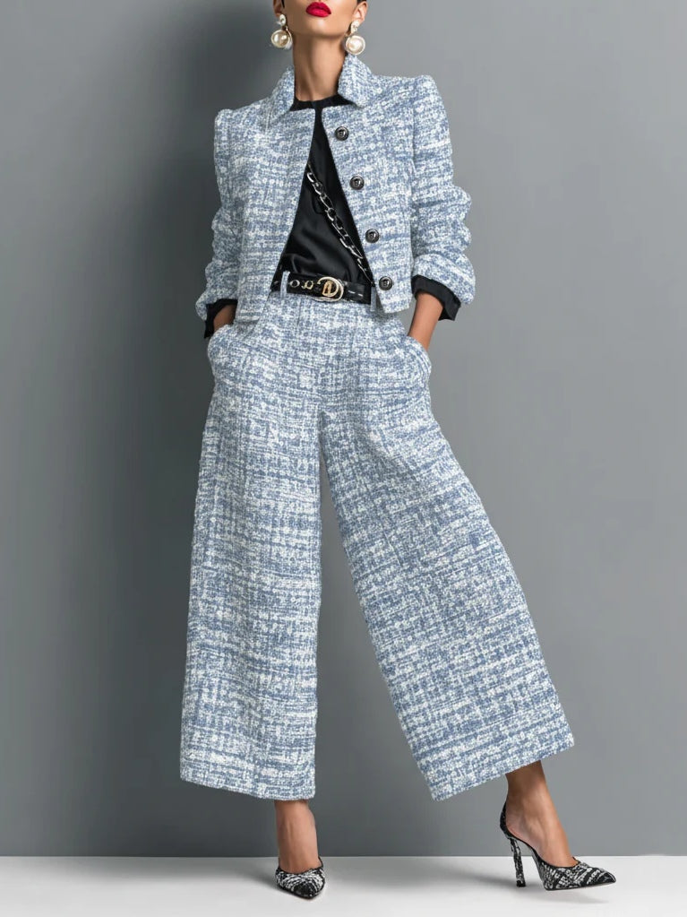 Tweed Blend Single-Breasted Cropped Jacket And Wide-Leg Pants Set - Samberule
