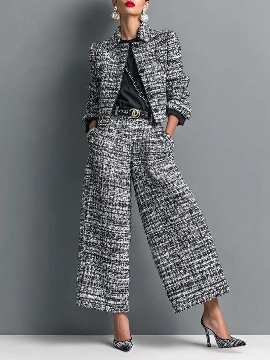Tweed Blend Single-Breasted Cropped Jacket And Wide-Leg Pants Set - Samberule