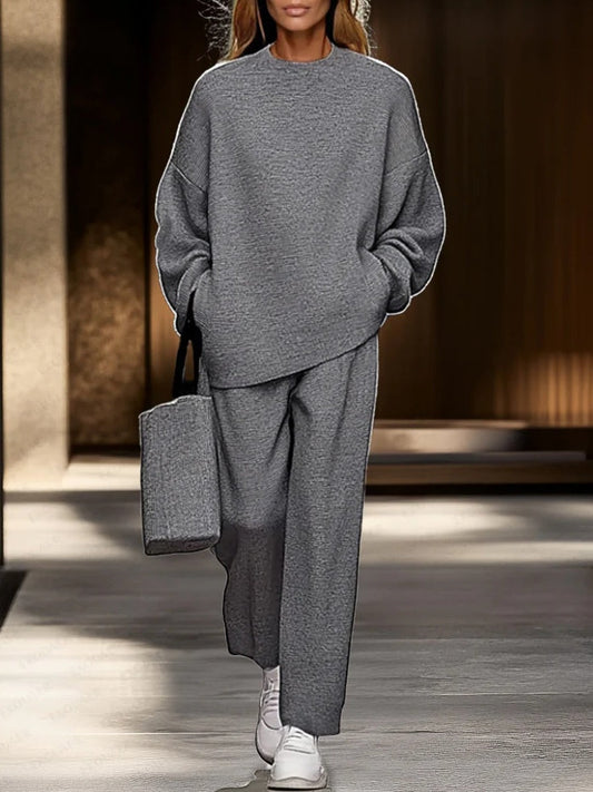 Comfortable Gray Top and Wide-leg Pants Casual Two-piece Set