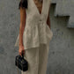 Cotton and linen V-neck ruffled two-piece suit