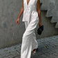 Cotton and linen V-neck ruffled two-piece suit