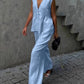 Cotton and linen V-neck ruffled two-piece suit
