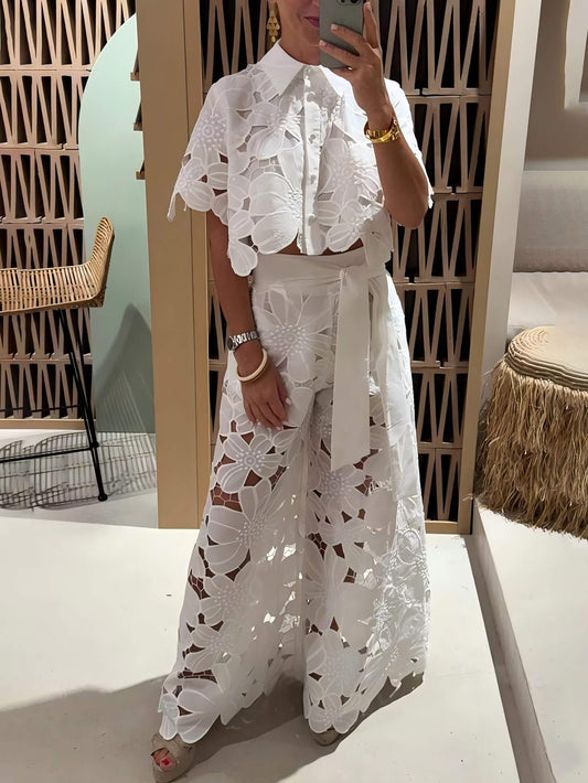 Exquisite floral embroidery sexy hollow suit - Samberule
