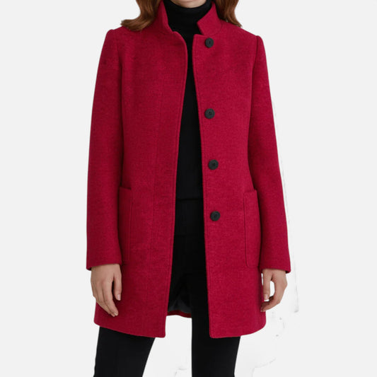 Women’s Wool Blend Coat with Stand Collar and Pockets - Samberule
