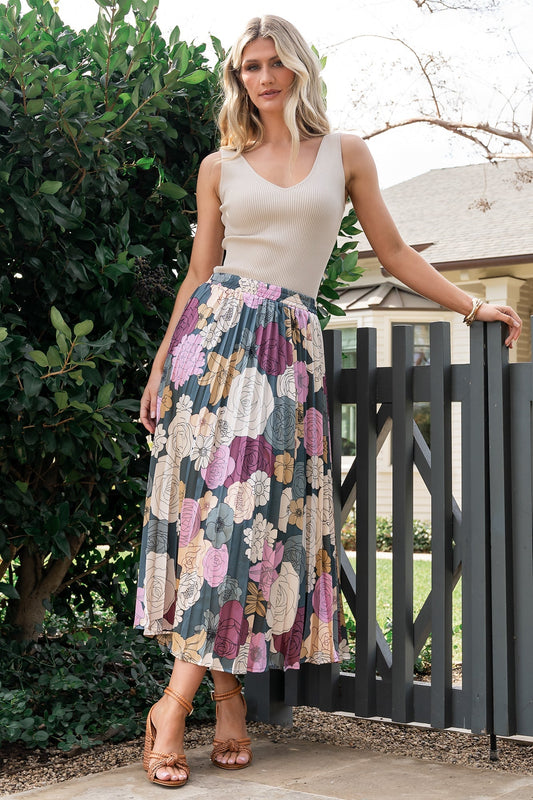 Cori Pleated Skirt | Vintage Teal Floral
