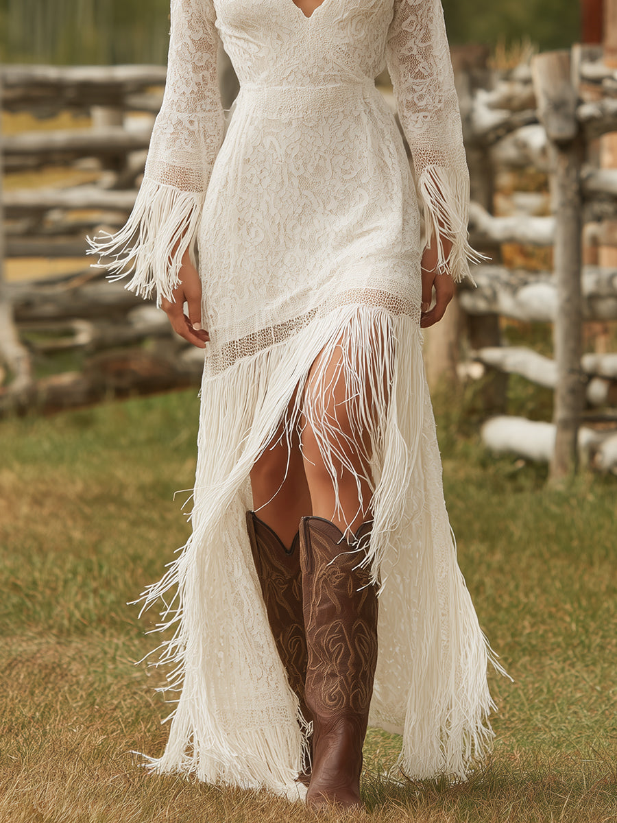 Retro White Lace V-neck Long Sleeve Tassel Short Front And Long Back Skirt Maxi Dress - Samberule