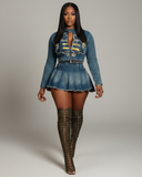 DANIELA Cropped Denim Jacket & Pleated Mini Skirt Set