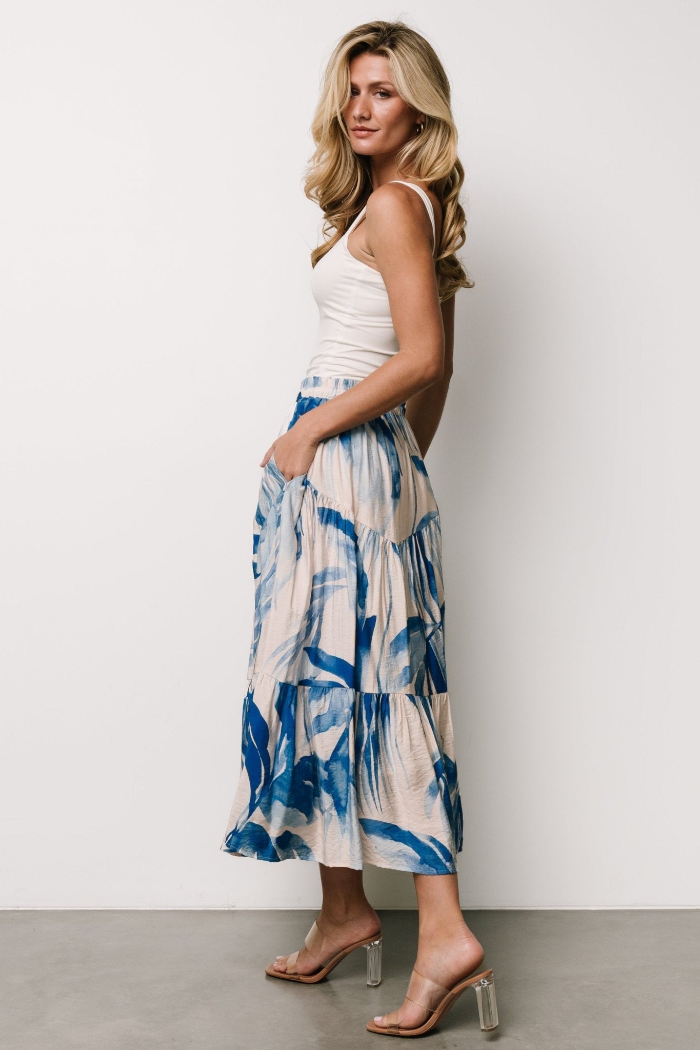 Hailee Tiered Skirt | Off White + Blue