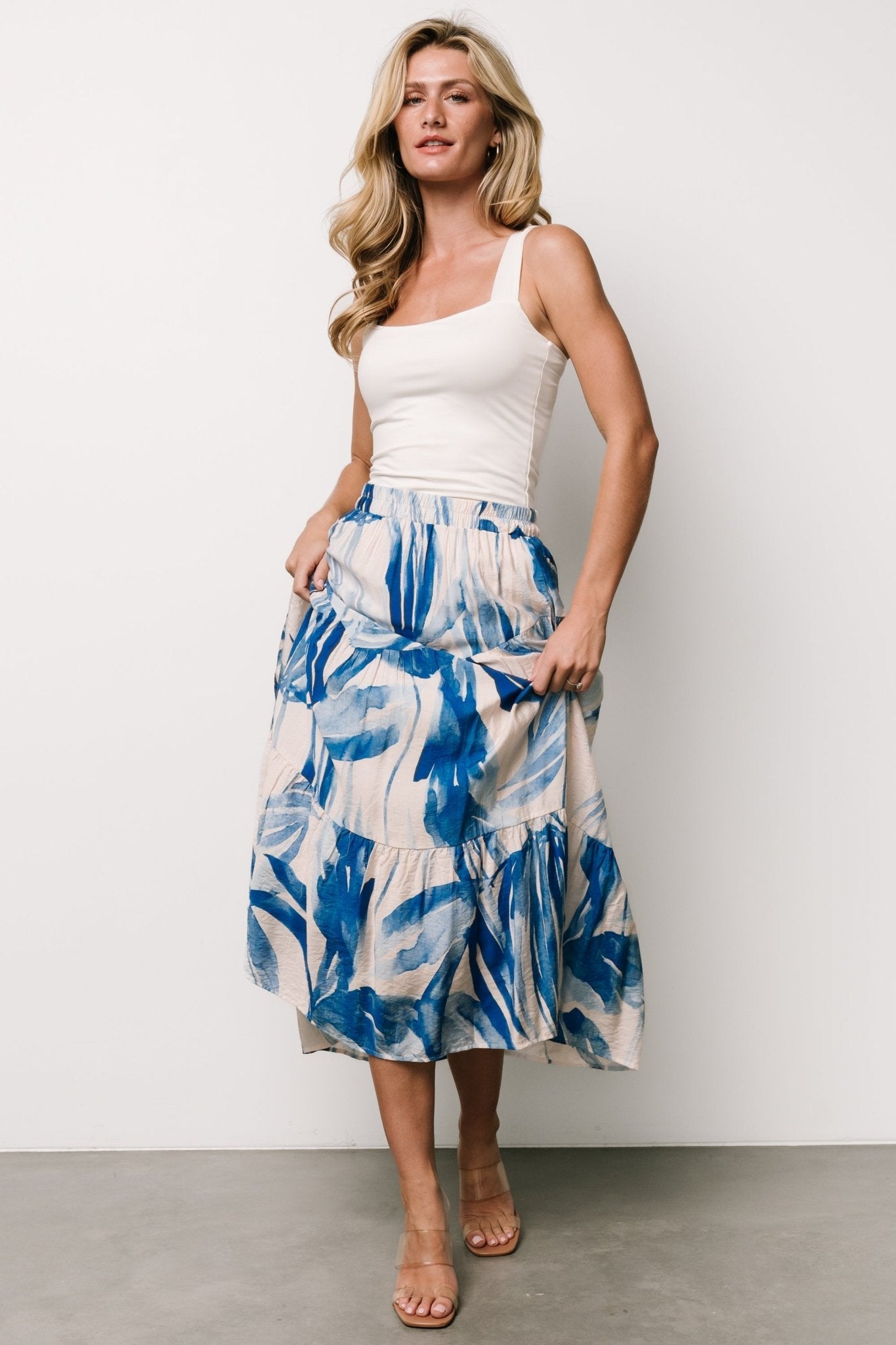 Hailee Tiered Skirt | Off White + Blue