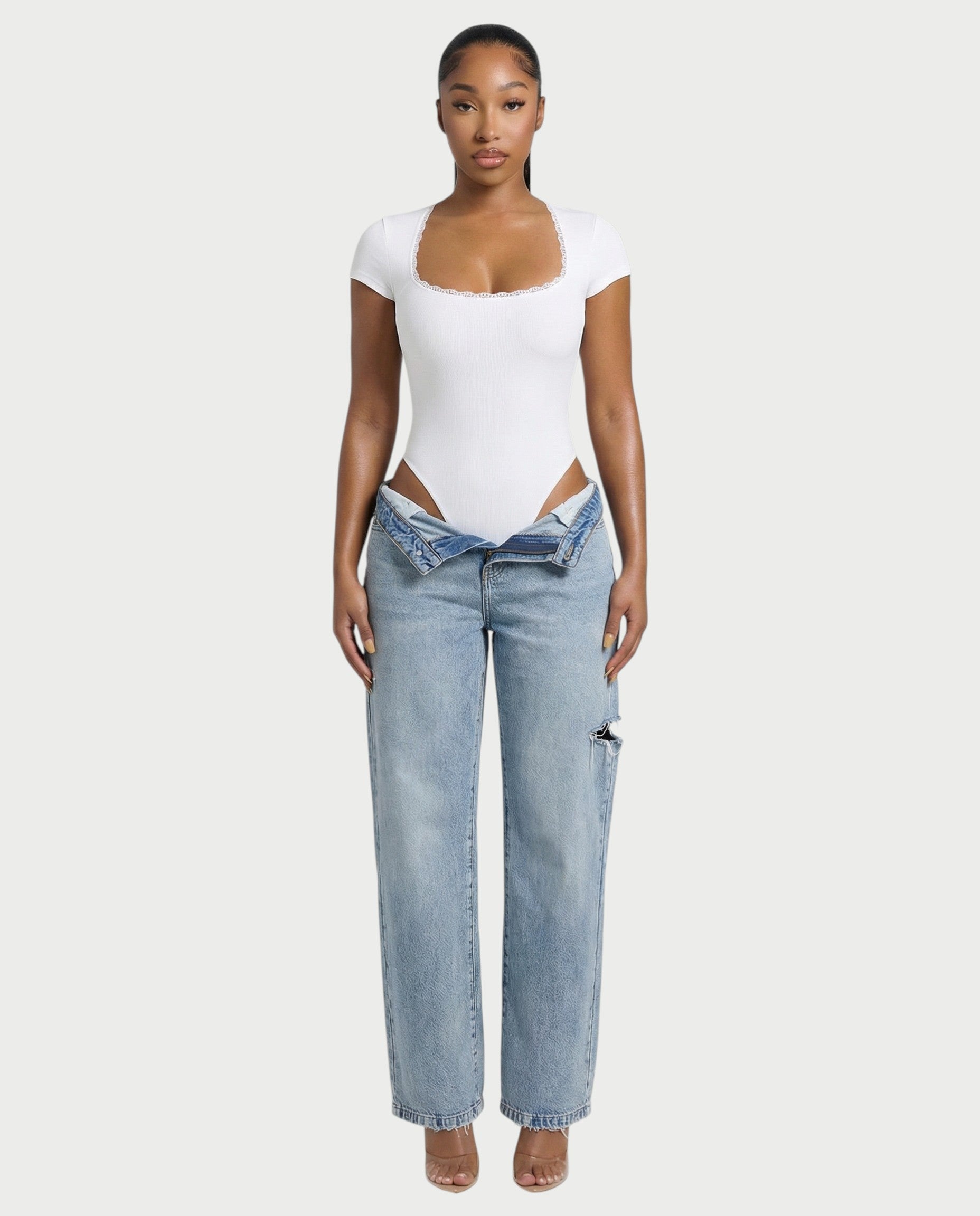 Ribbed Lace-Trim Square Neck Bodysuit - Samberule