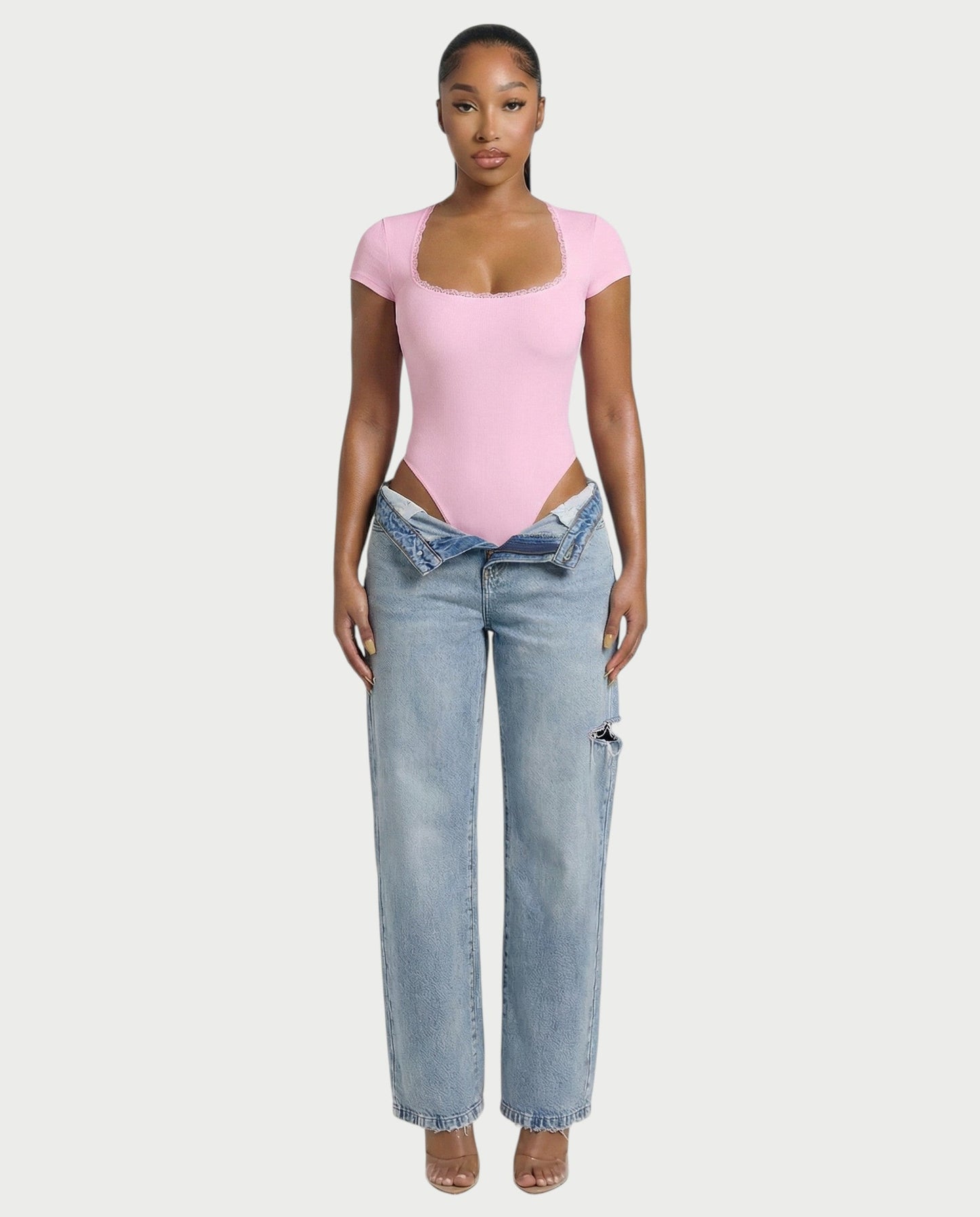Ribbed Lace-Trim Square Neck Bodysuit - Samberule