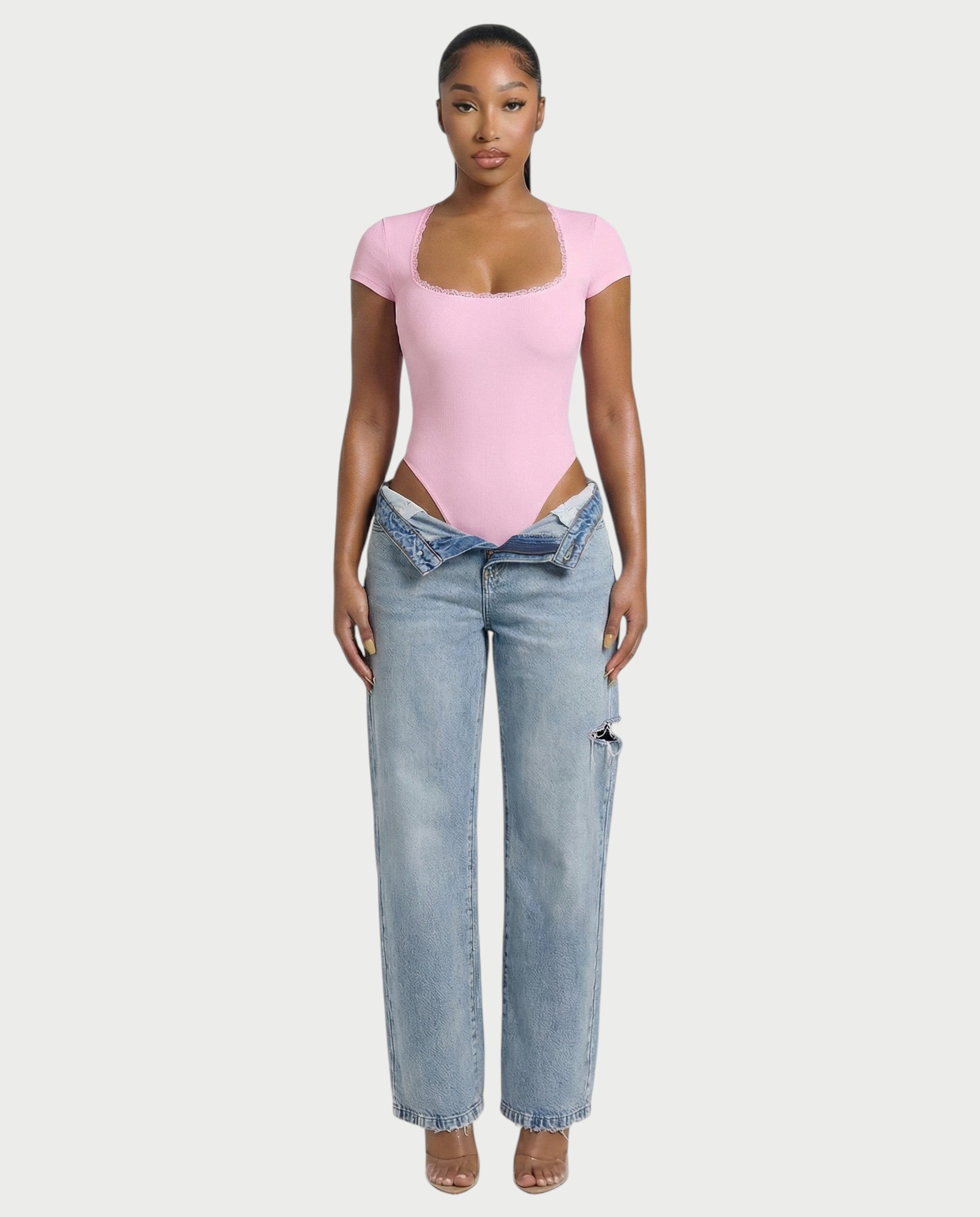 Ribbed Lace-Trim Square Neck Bodysuit - Samberule