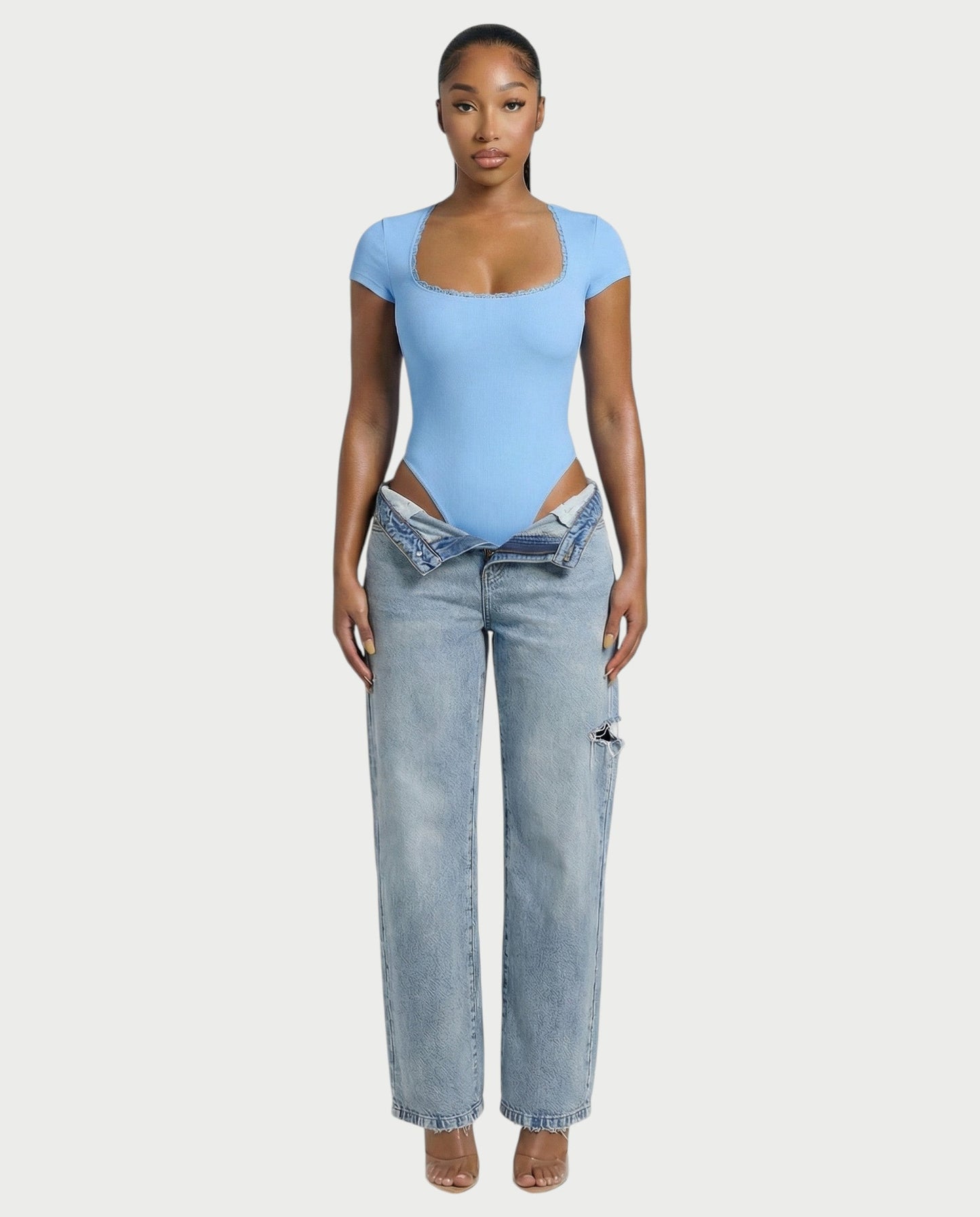 Ribbed Lace-Trim Square Neck Bodysuit - Samberule
