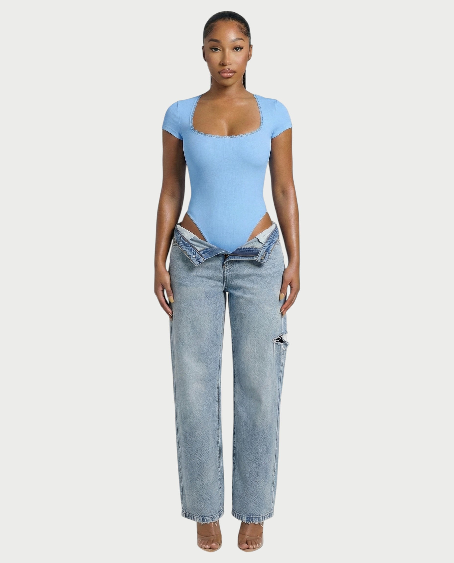 Ribbed Lace-Trim Square Neck Bodysuit - Samberule