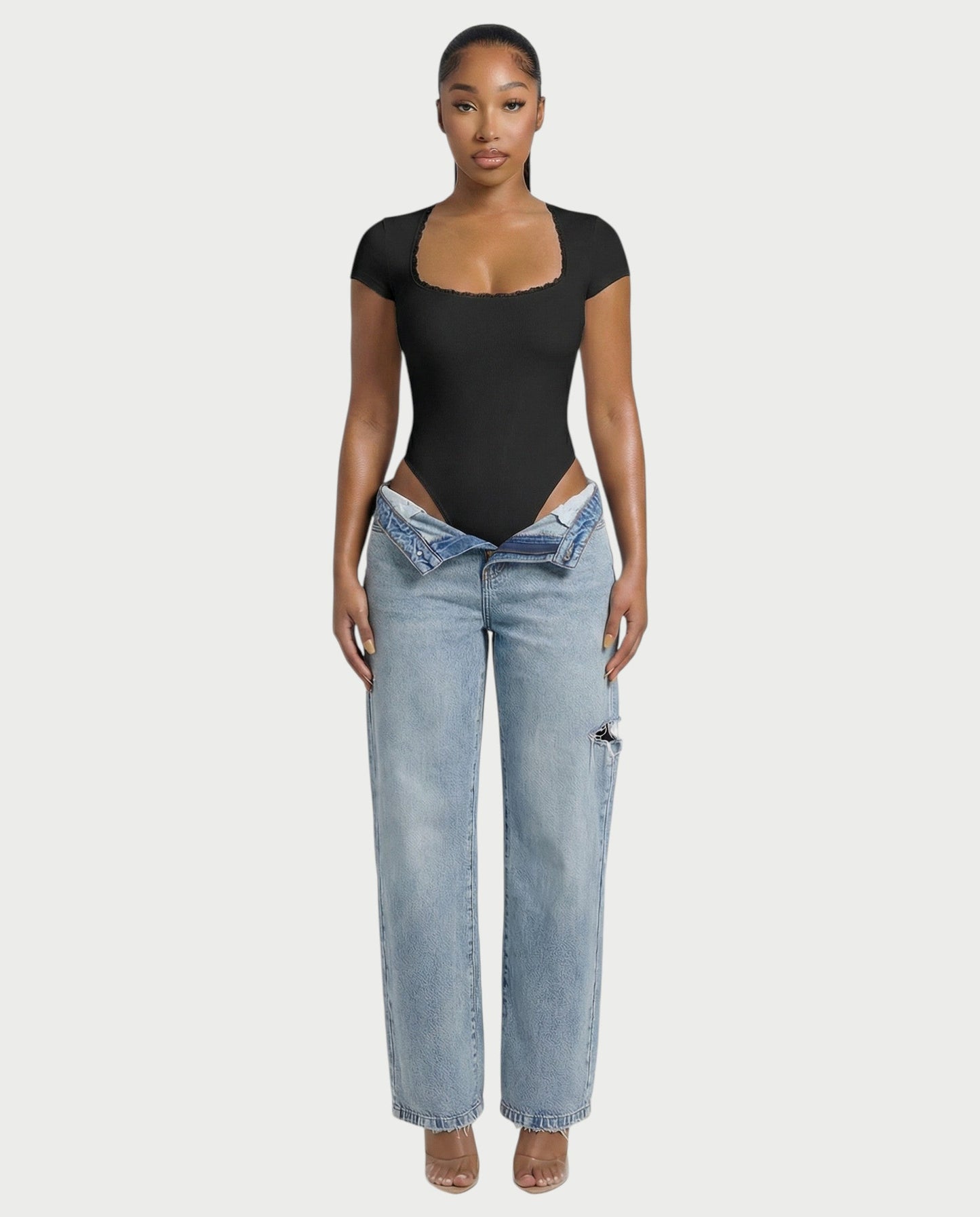 Ribbed Lace-Trim Square Neck Bodysuit - Samberule