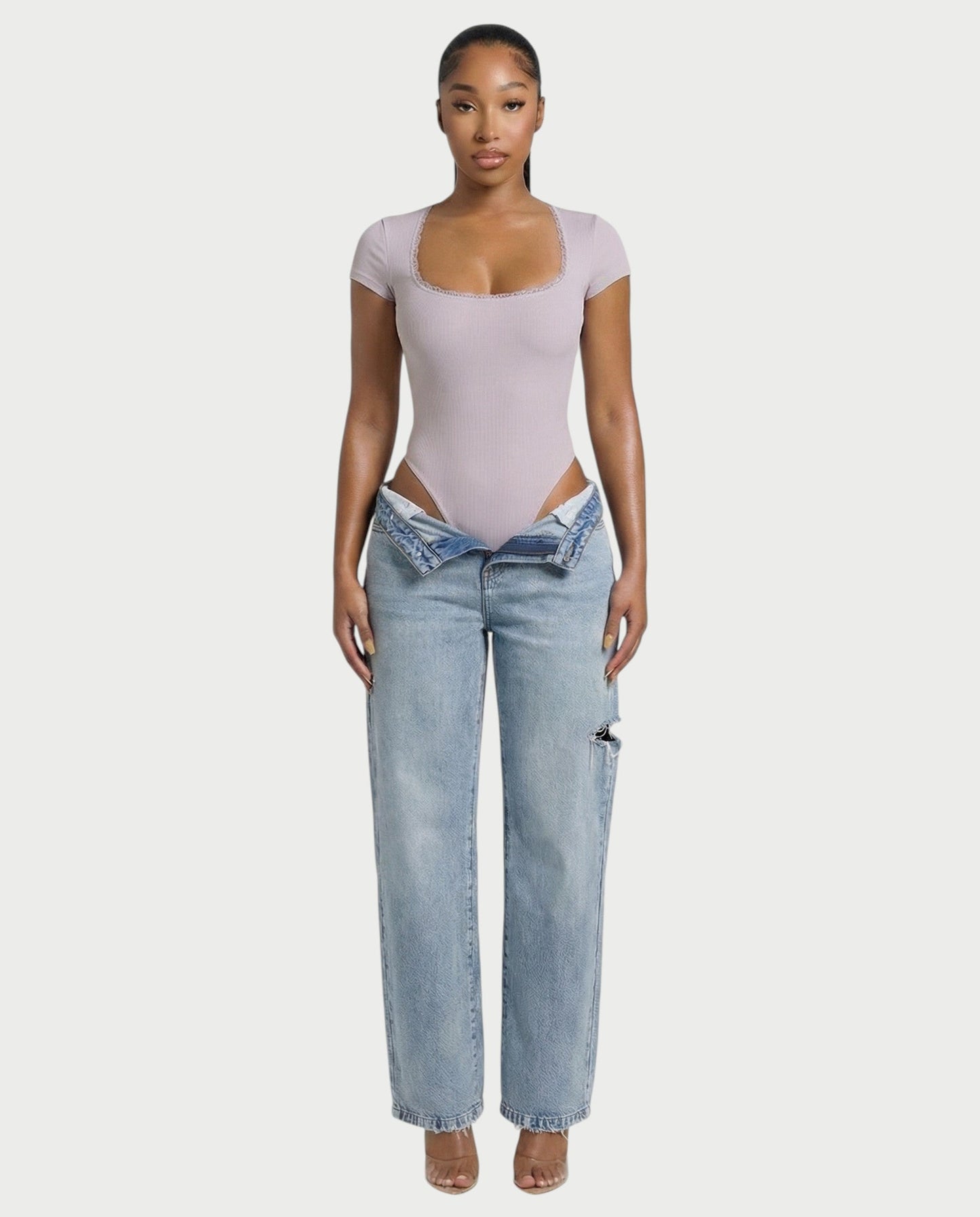 Ribbed Lace-Trim Square Neck Bodysuit - Samberule