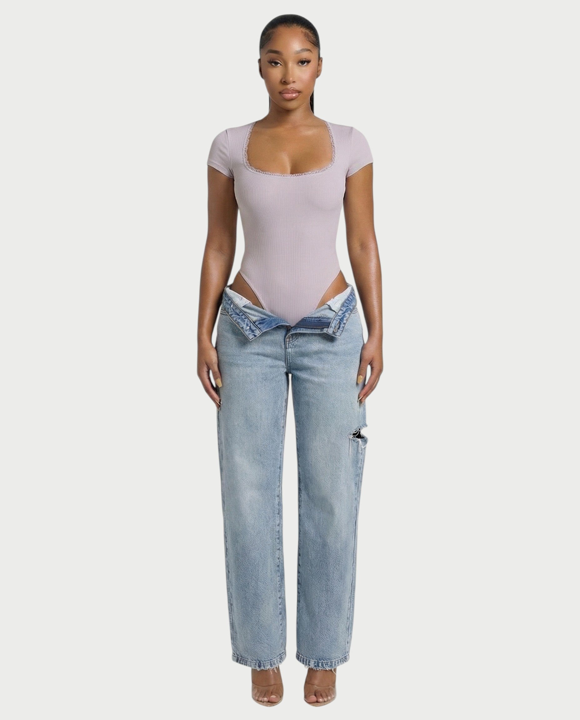 Ribbed Lace-Trim Square Neck Bodysuit - Samberule