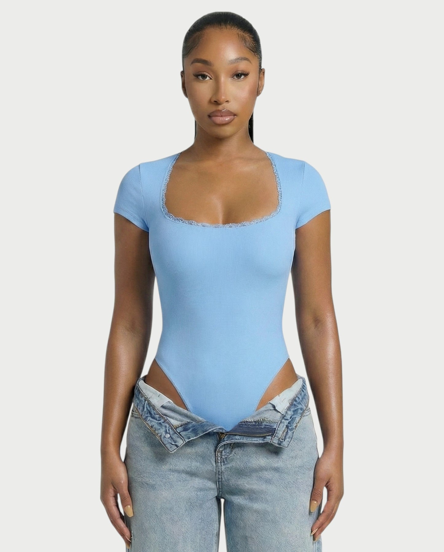 Ribbed Lace-Trim Square Neck Bodysuit - Samberule