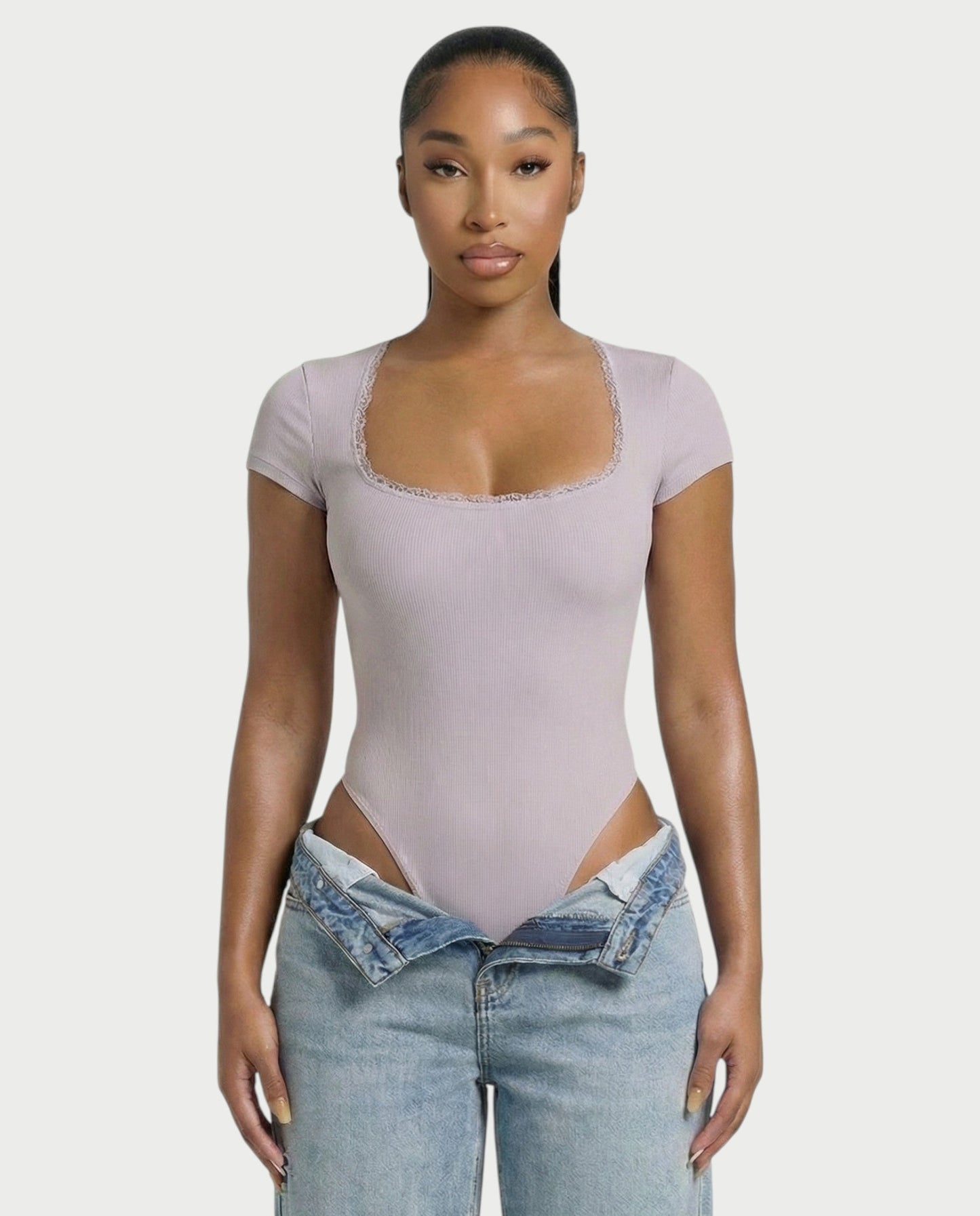Ribbed Lace-Trim Square Neck Bodysuit - Samberule