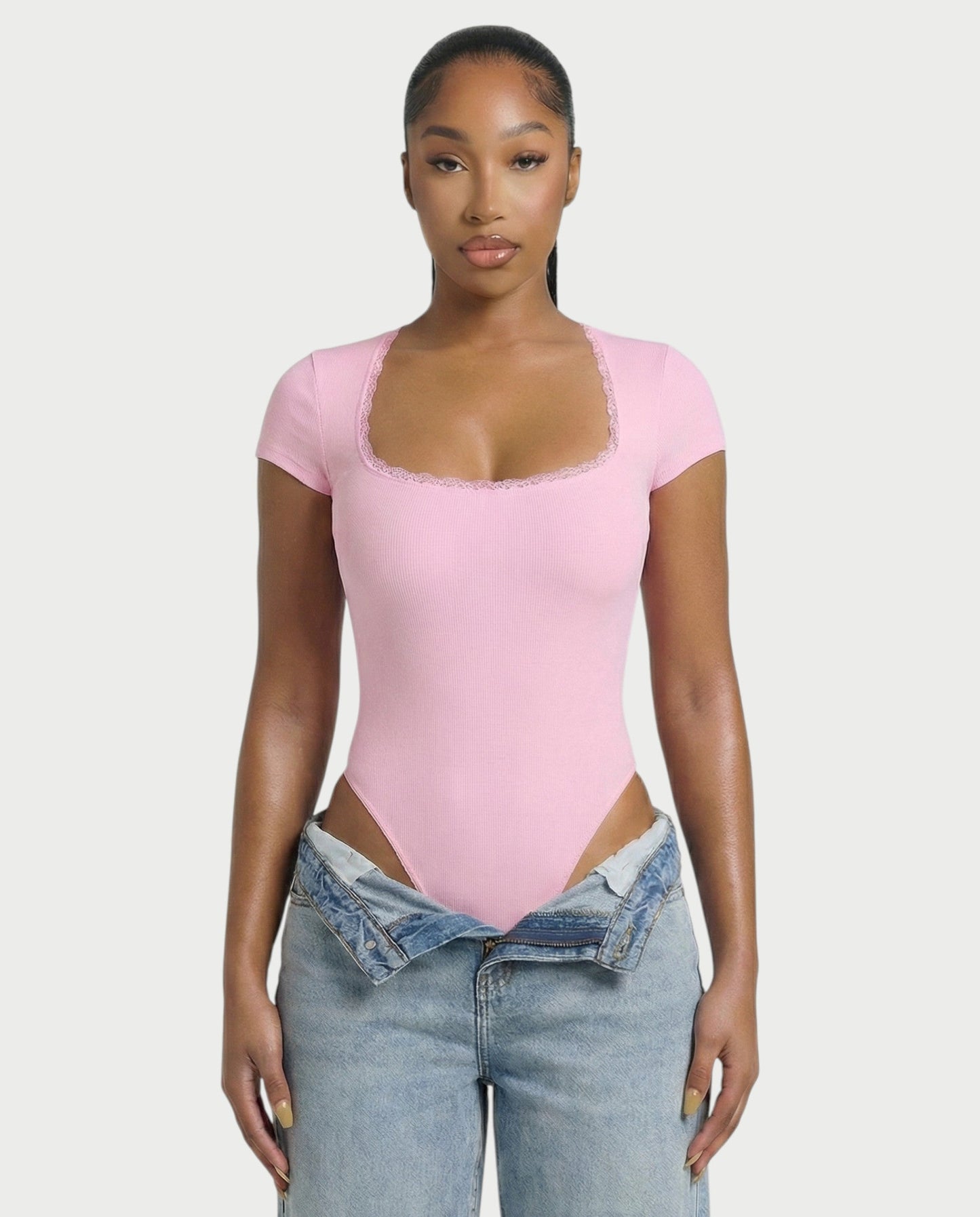 Ribbed Lace-Trim Square Neck Bodysuit - Samberule