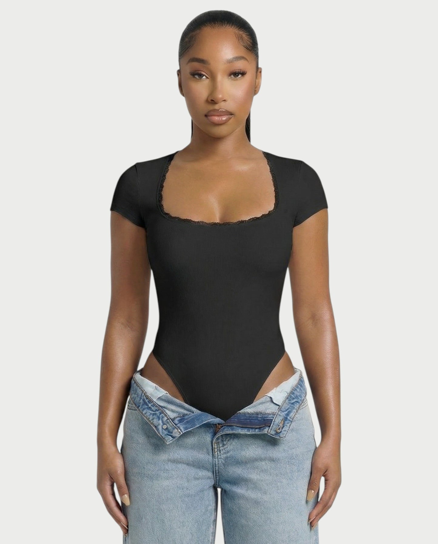 Ribbed Lace-Trim Square Neck Bodysuit - Samberule