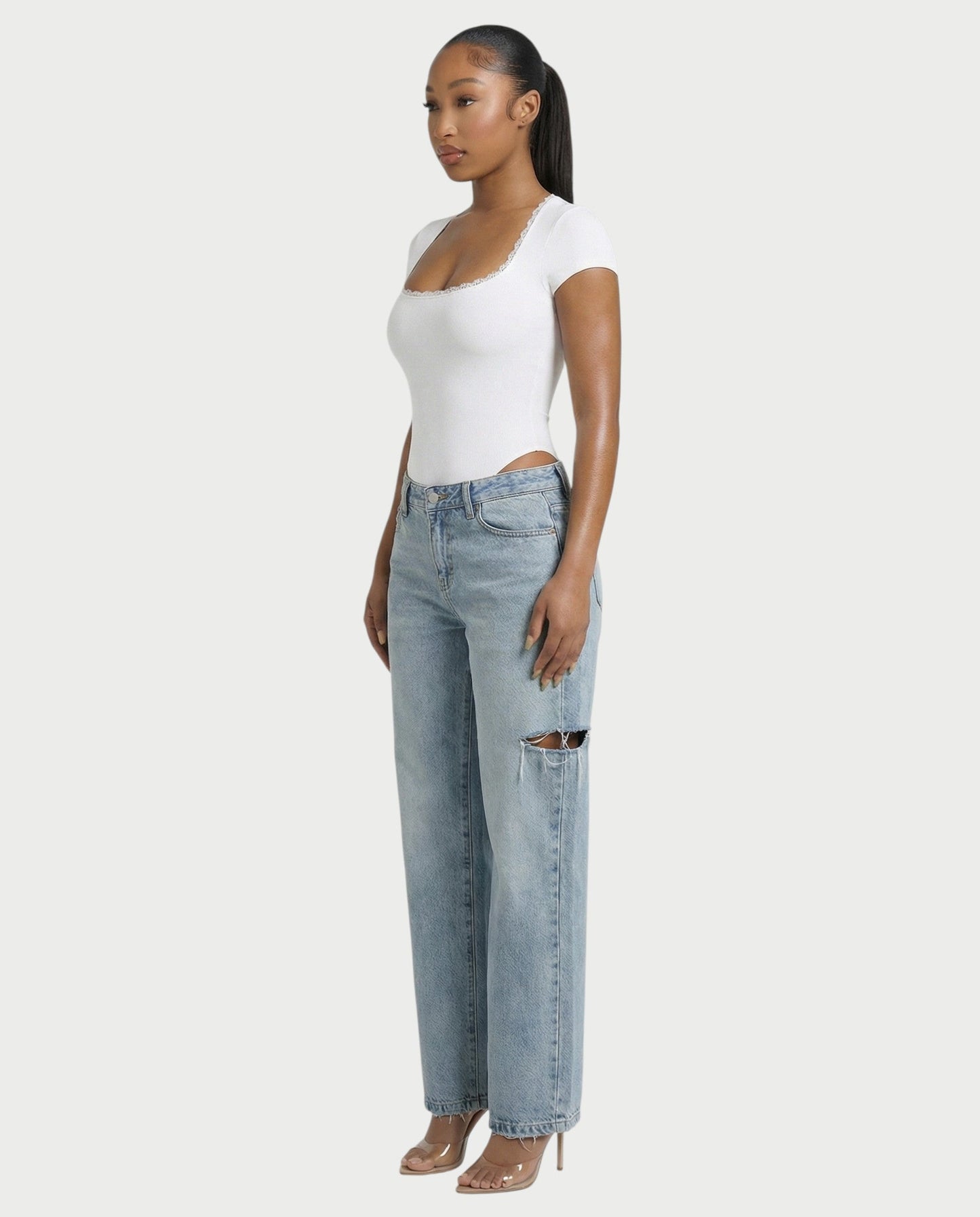 Ribbed Lace-Trim Square Neck Bodysuit - Samberule