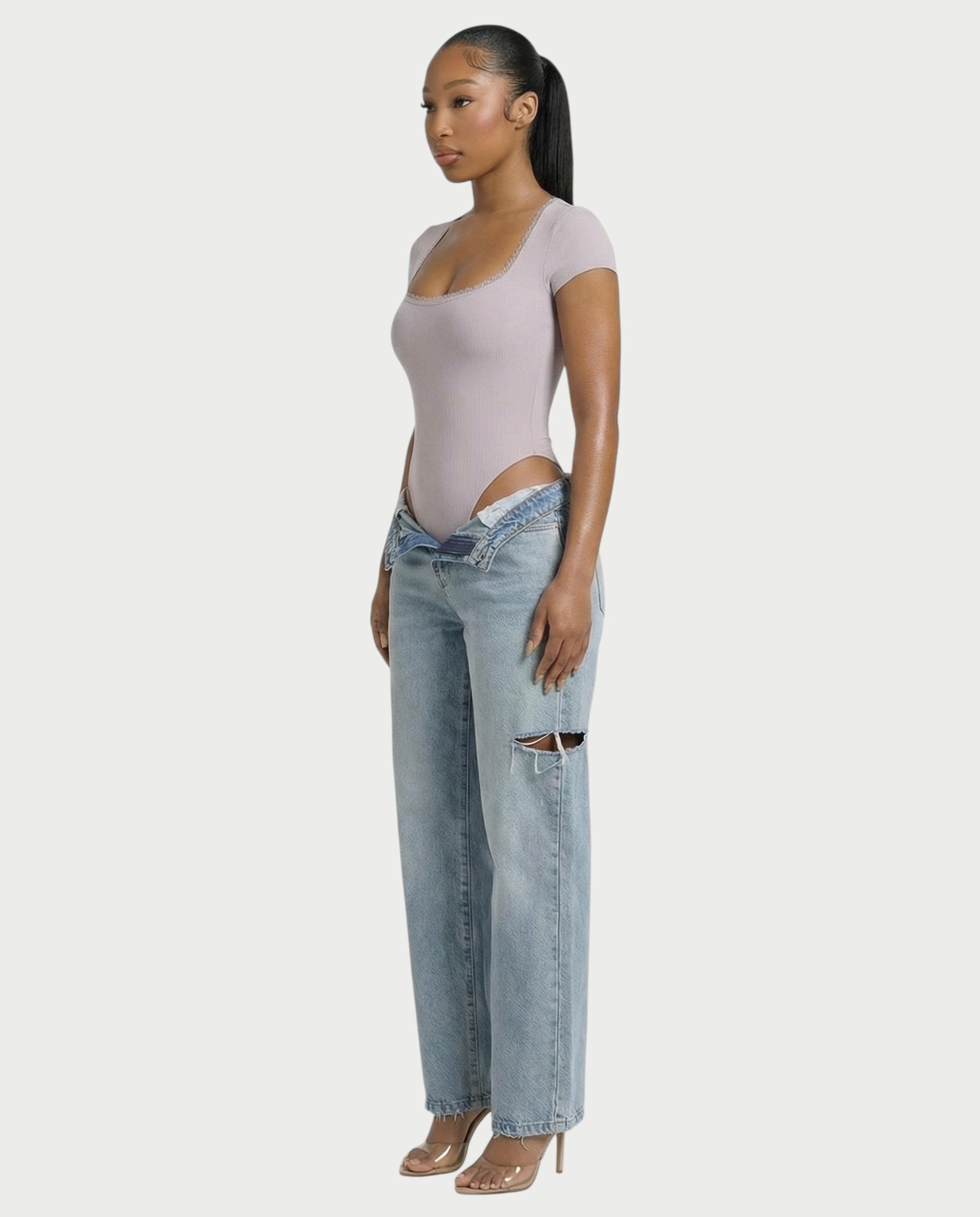 Ribbed Lace-Trim Square Neck Bodysuit - Samberule