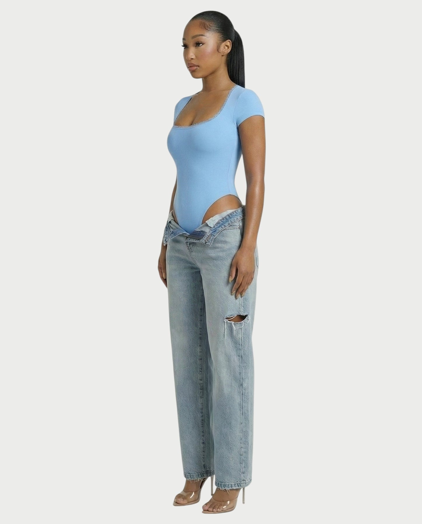 Ribbed Lace-Trim Square Neck Bodysuit - Samberule