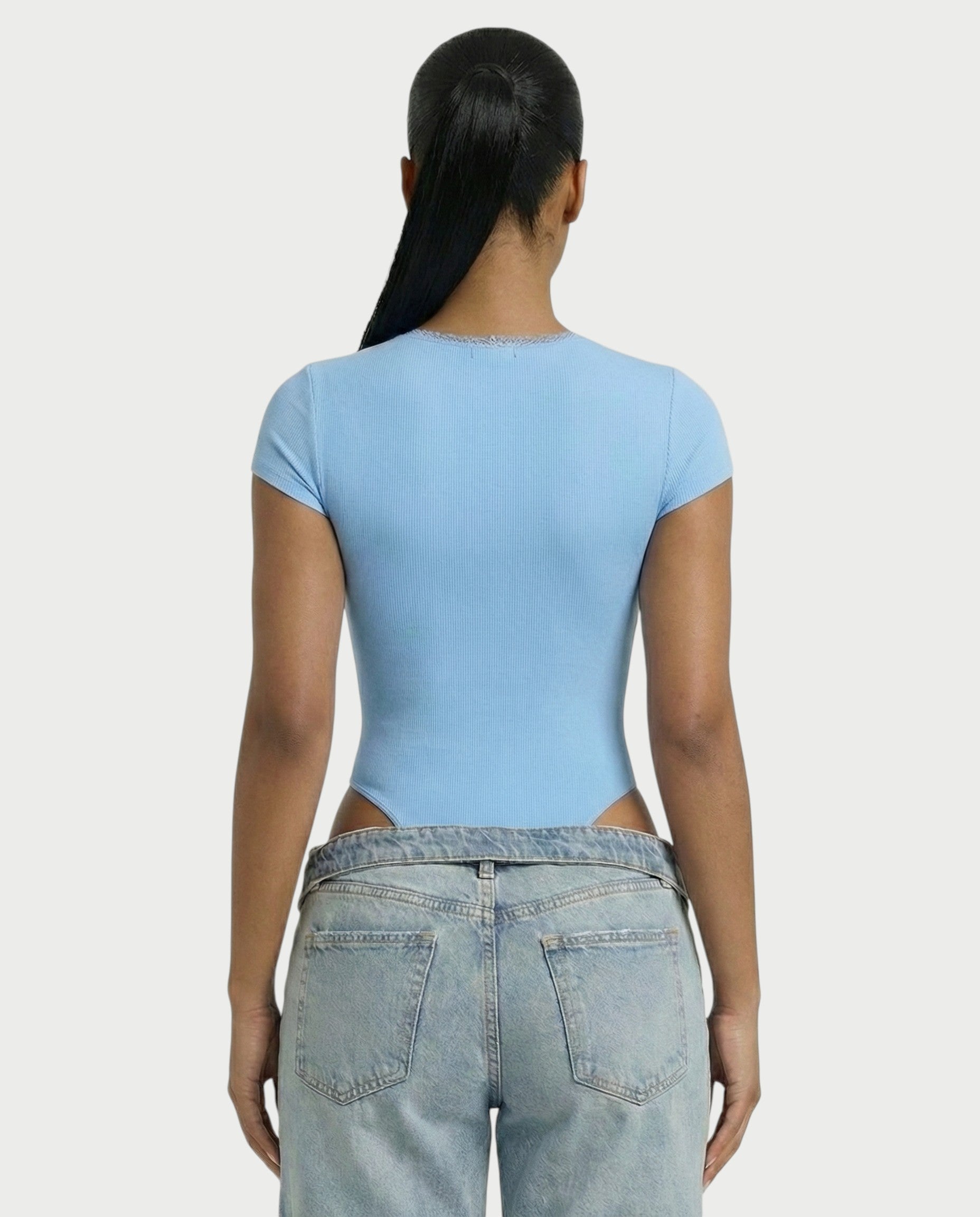 Ribbed Lace-Trim Square Neck Bodysuit - Samberule