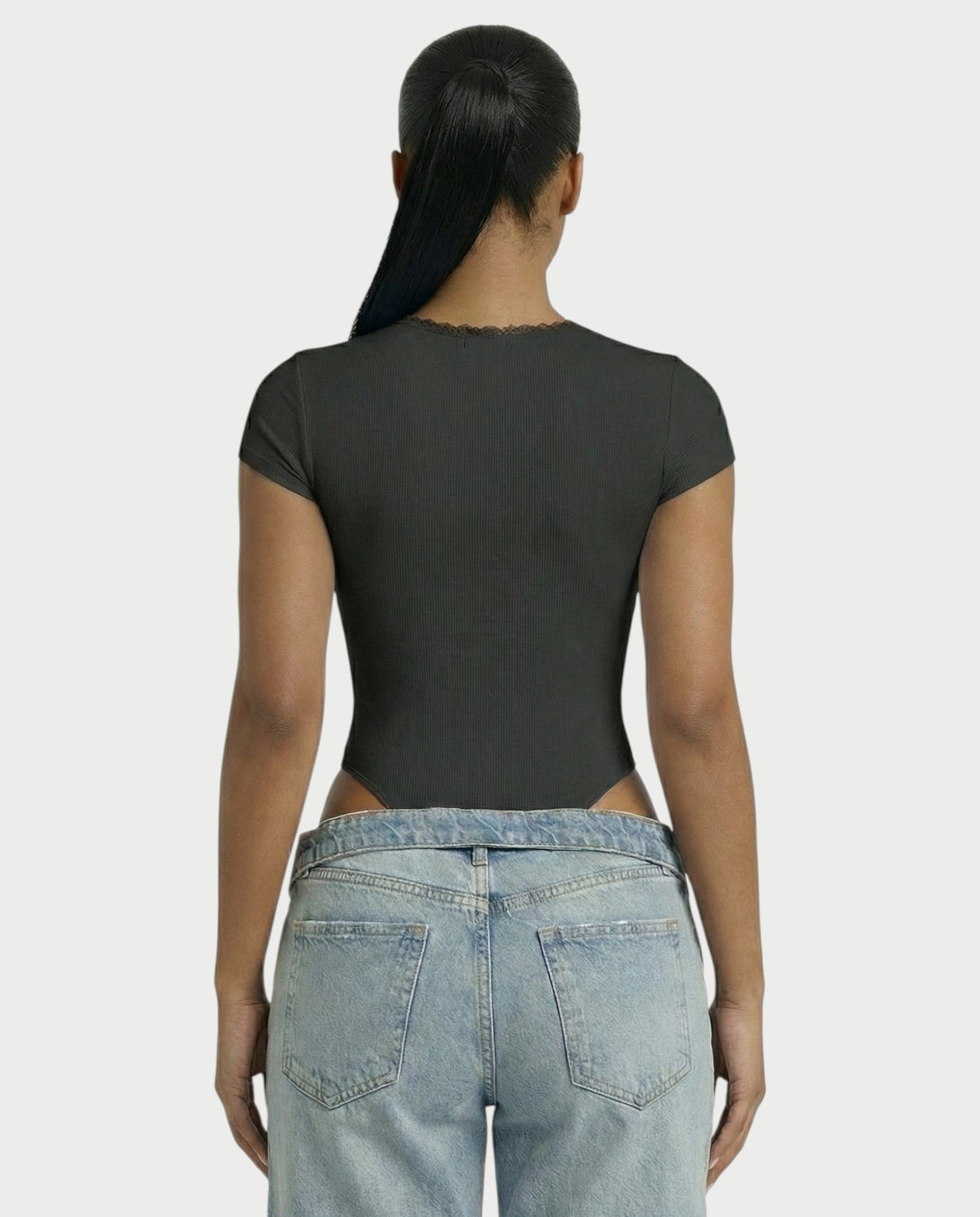 Ribbed Lace-Trim Square Neck Bodysuit - Samberule