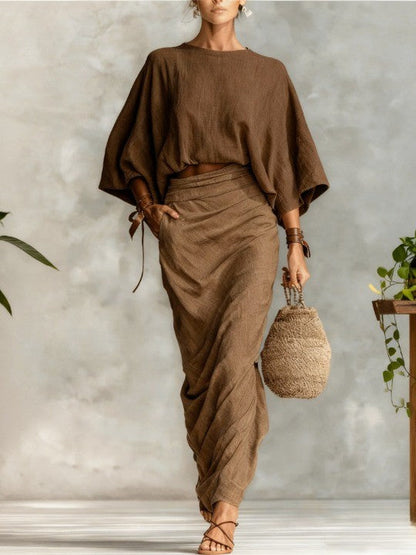 Round neck batwing sleeve top and long skirt set