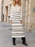 Knit Stripe Ruffle Long Sleeve Maxi Dress