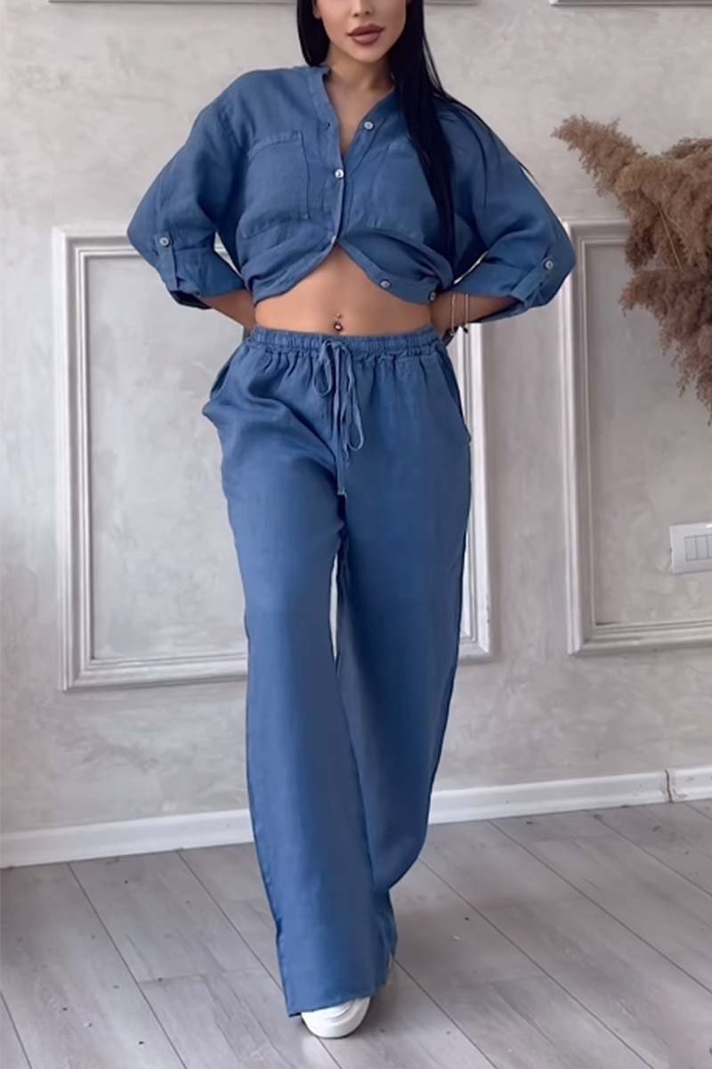 Casual solid color cotton and linen pants two-piece set - Samberule
