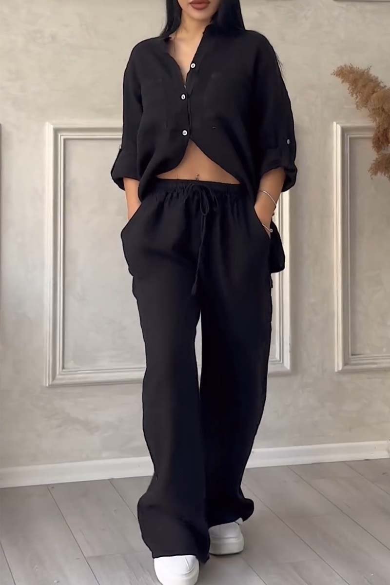 Casual solid color cotton and linen pants two-piece set - Samberule