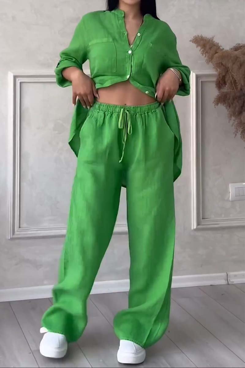 Casual solid color cotton and linen pants two-piece set - Samberule