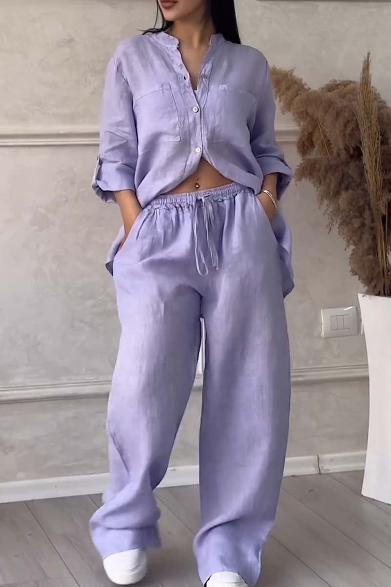 Casual solid color cotton and linen pants two-piece set - Samberule